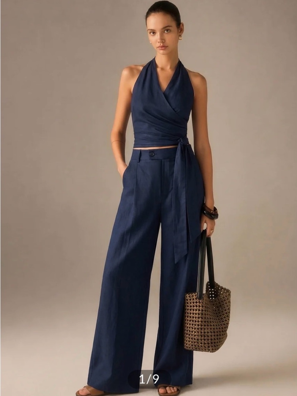 Commense Linen & Cotton Navy Wrap Halter Top & Wide-Leg Pants Set NEW 6/M